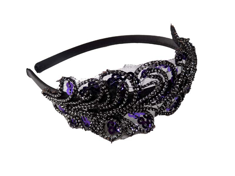 Serre-tête Bijou dentelle noire  & sequins violines