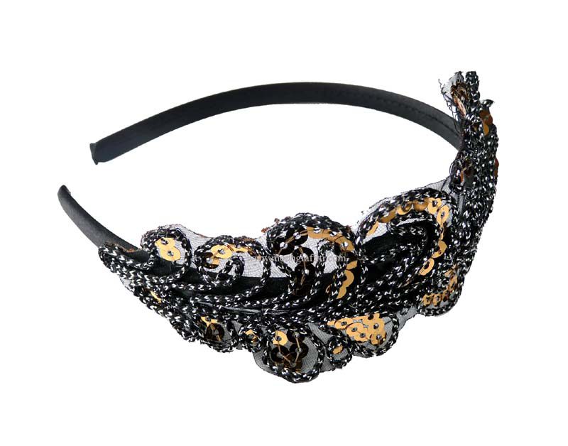 Serre-tête Bijou dentelle noire  & sequins dorés